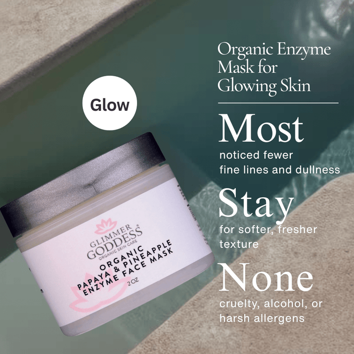 Organic Papaya and Pineapple Enzyme Face Mask from Glimmer Goddess Organic Skin Care, with spa headband and applicator brush for at-home facials.
