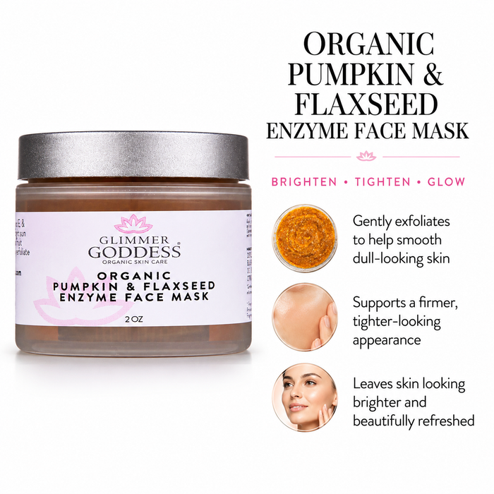 Glimmer Goddess Organic Pumpkin & Flaxseed Enzyme Face Mask jar shown next to product benefits text and skin result photos on a white background.