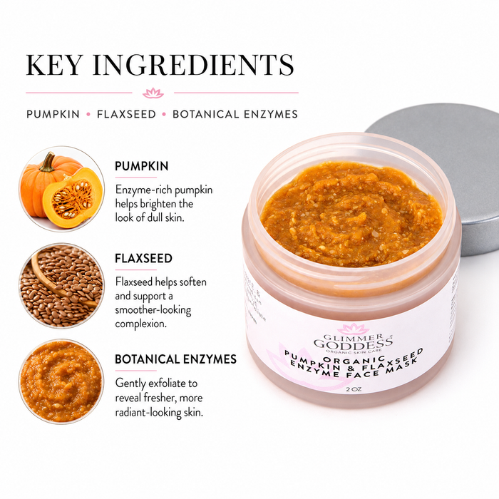 Glimmer Goddesses Pumpkin Enzyme Face Mask jar shown on a white background with an open lid beside it and ingredient callouts for pumpkin, flaxseed, and botanical enzymes.