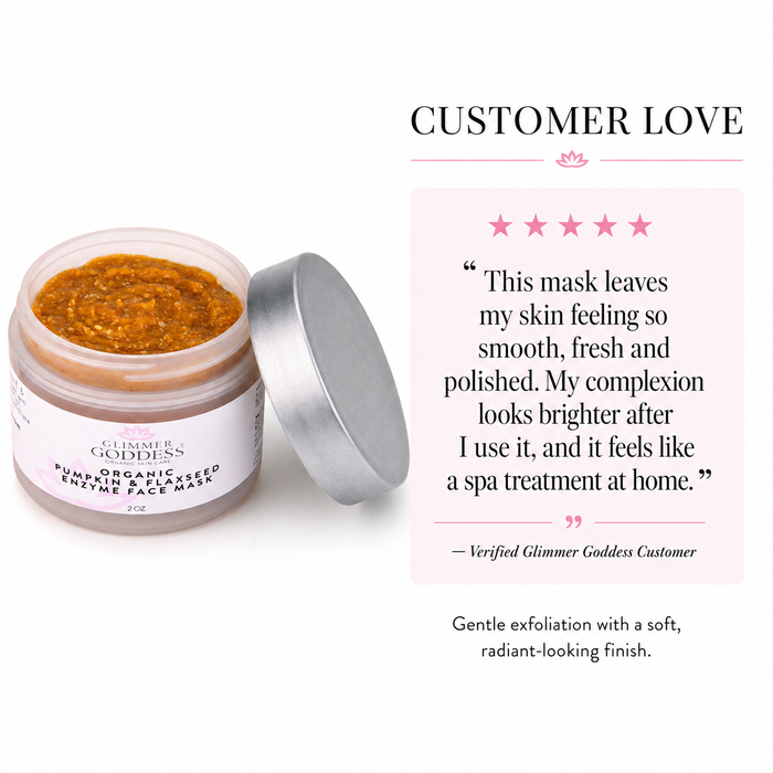 Glimmer Goddess Yun Organic Exfoliating Face Mask jar with its silver lid off, displayed next to a customer review card on a white background.