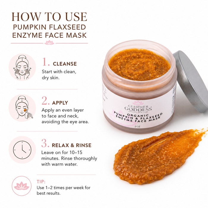 Pumpkin flaxseed enzyme face mask jar with lid off, a dollop of orange-brown mask, and usage instructions on a white background.