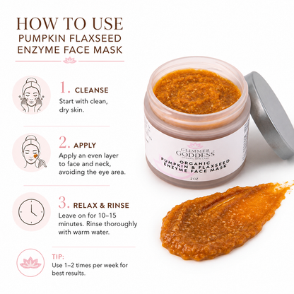 Pumpkin flaxseed enzyme face mask jar with lid off, a dollop of orange-brown mask, and usage instructions on a white background.
