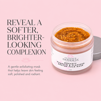 A jar of Glimmer of Goddess Pumpkin & Flaxseed Enzyme Face Mask shown on a soft pink background with promotional text. The clear jar reveals a textured orange-brown mask inside, with a white label and a gray lid resting beside it.