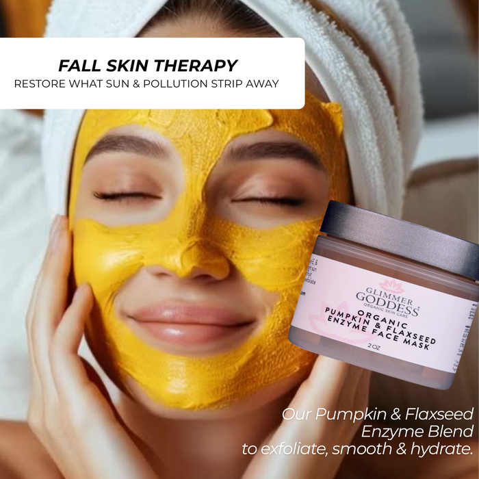 Organic Pumpkin Flaxseed Enzyme Face Mask by Glimmer Goddess® for brightening and tightening glowing skin, displayed in a jar.