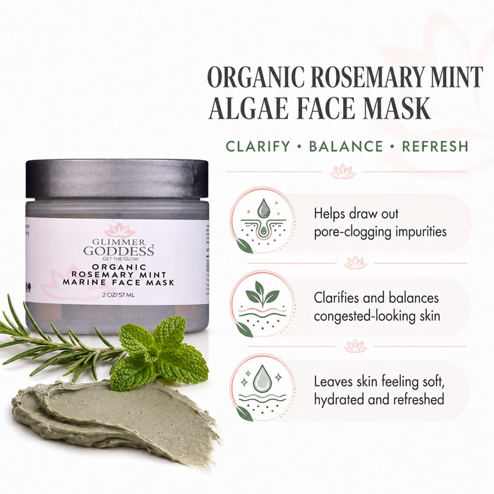 Glimmer Goddess Organic Rosemary Mint Marine Face Mask jar shown on a white background with rosemary sprig, mint leaves, and a smear of gray mask, plus text describing benefits.