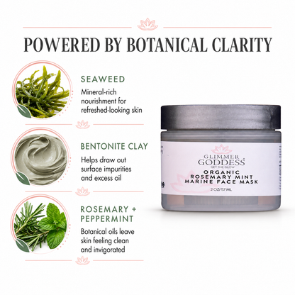 Glimmer Goddess Organic Rosemary Mint Marine Face Mask jar shown on a white background with three botanical ingredient callouts: seaweed, bentonite clay, and rosemary + peppermint. Text at the top reads 'POWERED BY BOTANICAL CLARITY'.