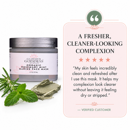 Glimmer Goddess Organic Rosemary Mint Marine Face Mask jar shown beside a pale pink text panel with a customer review quote, mint leaves, and a dollop of green mask on a white background.