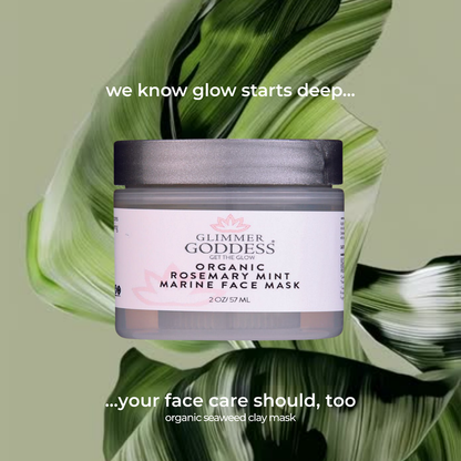 Organic Rosemary Mint Algae Face Mask by Glimmer Goddess® for acne and rosacea, shown in a clear jar with fresh rosemary and mint leaves.