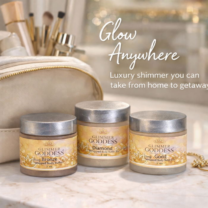 Three 2 oz jars of Glimmer Goddess Organic Skin Care shimmering body butter trio with natural, glowing shimmer finish.