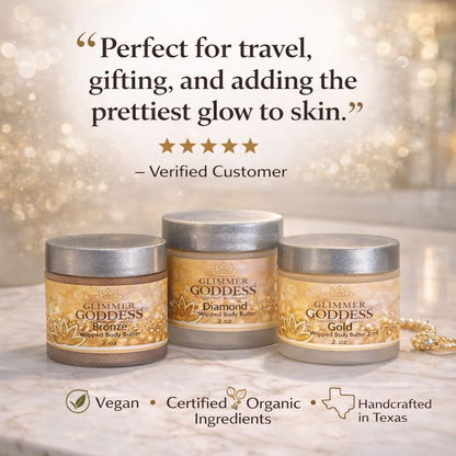 Three 2 oz jars of Glimmer Goddess Organic Shimmering Body Butter Trio with shimmering, smooth texture for glowing skin.