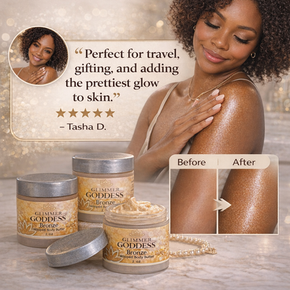 Three 2 oz jars of Glimmer Goddess Organic Skin Care shimmering body butter trio, featuring shimmering, moisturizing body butters.