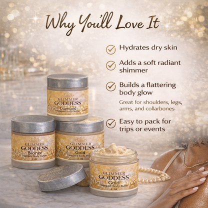 Three 2 oz jars of Glimmer Goddess® Organic Skin Care shimmering body butter trio with natural shimmer and moisturizing texture.