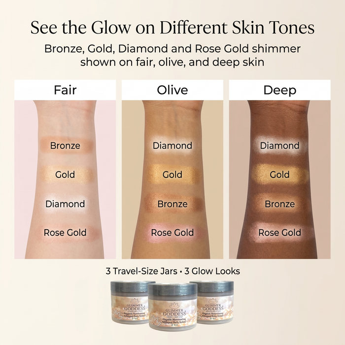 Set of three 2 oz organic shimmering body butters by Glimmer Goddess® Organic Skin Care, featuring shimmering, nourishing skincare.