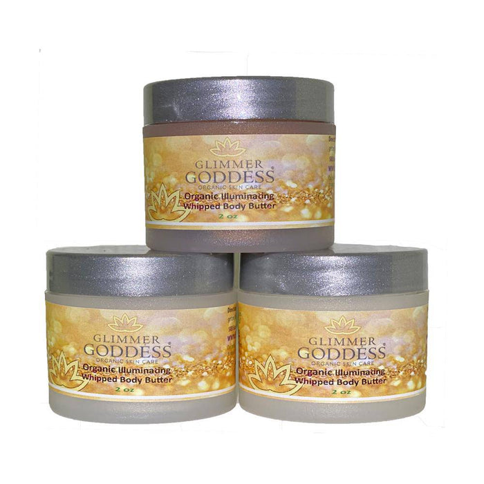 Organic illuminating whipped body butter in 2 oz jars with gold labels and silver lids