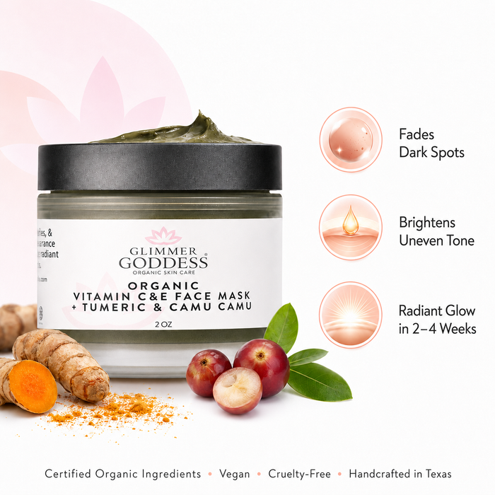 Organic Vitamin C and E brightening face mask by Glimmer Goddess® Organic Skin Care, showing the mask in a clear jar with fresh ingredients.