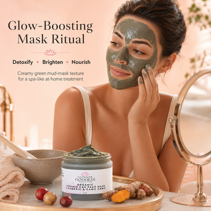 Organic Vitamin C and E brightening face mask by Glimmer Goddess® shows a jar of nourishing skin care mask with fresh citrus slices.