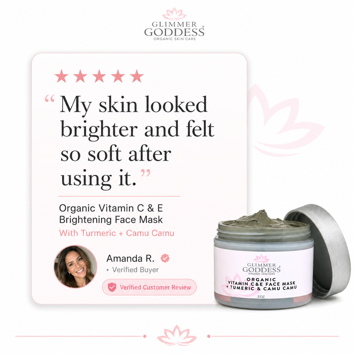 Organic Vitamin C and E brightening face mask from Glimmer Goddess® Organic Skin Care, showing a jar of the skincare mask with fresh ingredients.