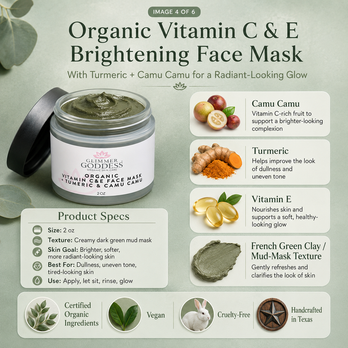 Glimmer Goddess Organic Vitamin C & E Brightening Face Mask in a jar, showing the nourishing mask with vibrant orange and cream colors.
