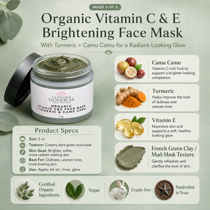 Glimmer Goddess Organic Vitamin C & E Brightening Face Mask in a jar, showing the nourishing mask with vibrant orange and cream colors.
