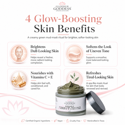 Organic Vitamin C and E brightening face mask by Glimmer Goddess® Organic Skin Care, shown in a jar with creamy texture.
