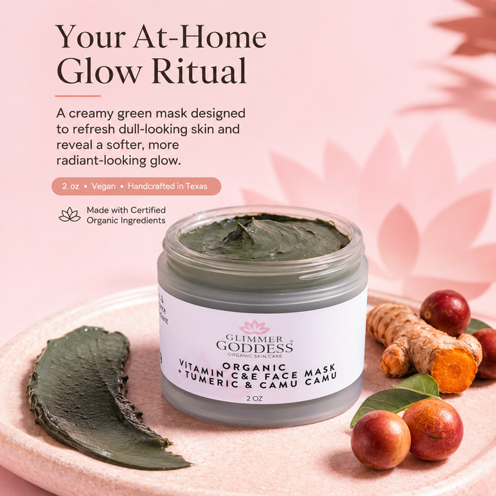 Glimmer Goddess Organic Skin Care Vitamin C & E Brightening Face Mask in a jar, showcasing the nourishing mask for radiant skin.