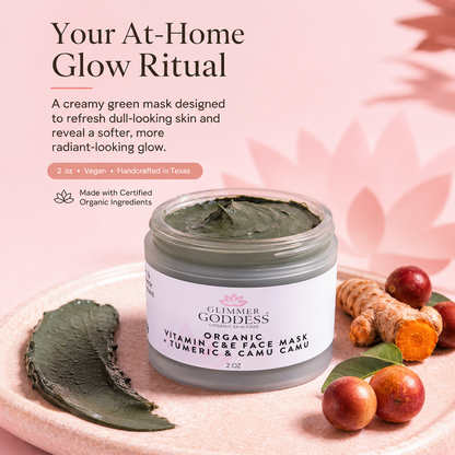 Glimmer Goddess Organic Skin Care Vitamin C & E Brightening Face Mask in a jar, showcasing the nourishing mask for radiant skin.