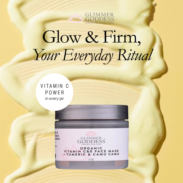 Organic Vitamin C and E brightening face mask from Glimmer Goddess Organic Skin Care, showing a soothing skincare product in a jar.