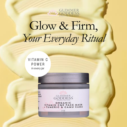Organic Vitamin C and E brightening face mask from Glimmer Goddess Organic Skin Care, showing a soothing skincare product in a jar.