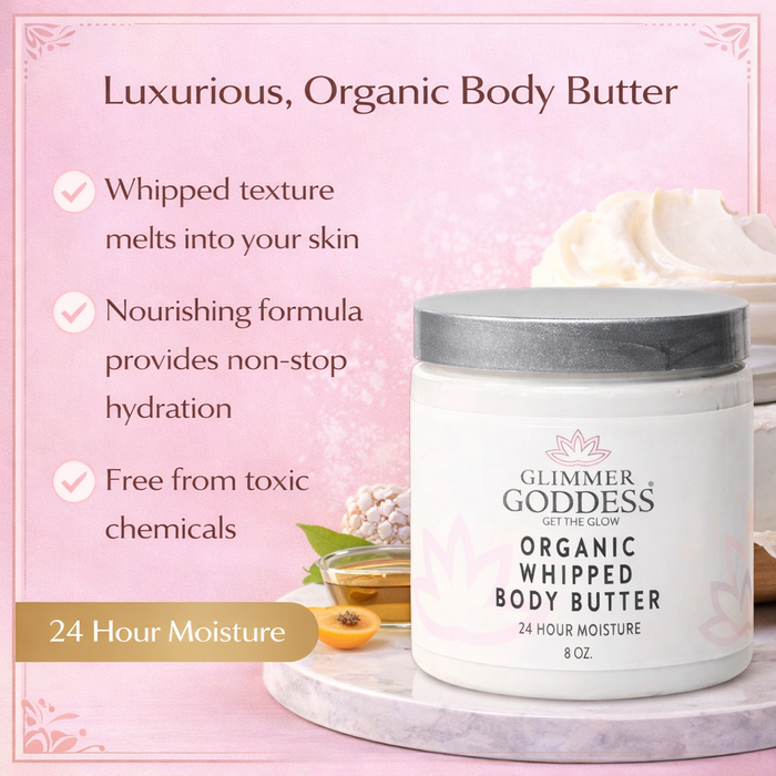 Organic whipped body butter by Glimmer Goddess for extremely dry skin, showcasing a creamy, fluffy texture in a natural skincare lotion.