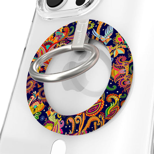 Paisley Birdsong bohemian MagSafe phone grip ring with intricate jewel-toned paisley, flowers, and birds on a deep navy background compatible with iPhone and Samsung