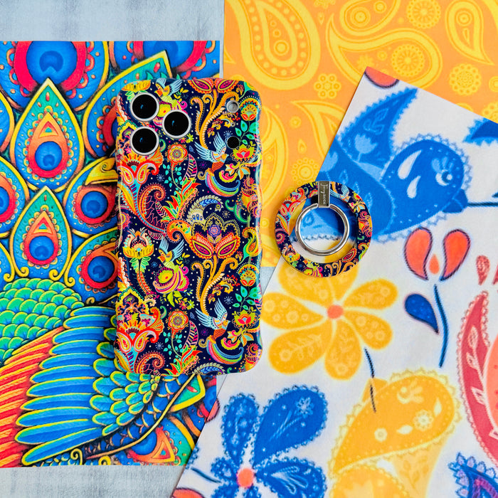Paisley Birdsong bohemian MagSafe phone grip ring with intricate jewel-toned paisley, flowers, and birds on a deep navy background compatible with iPhone and Samsung
