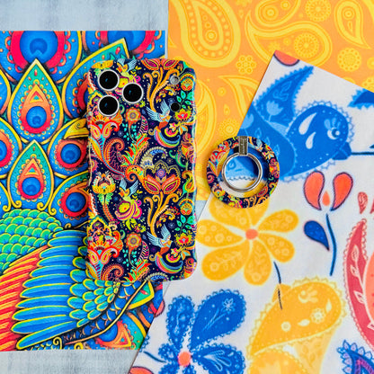 Paisley Birdsong bohemian MagSafe phone grip ring with intricate jewel-toned paisley, flowers, and birds on a deep navy background compatible with iPhone and Samsung
