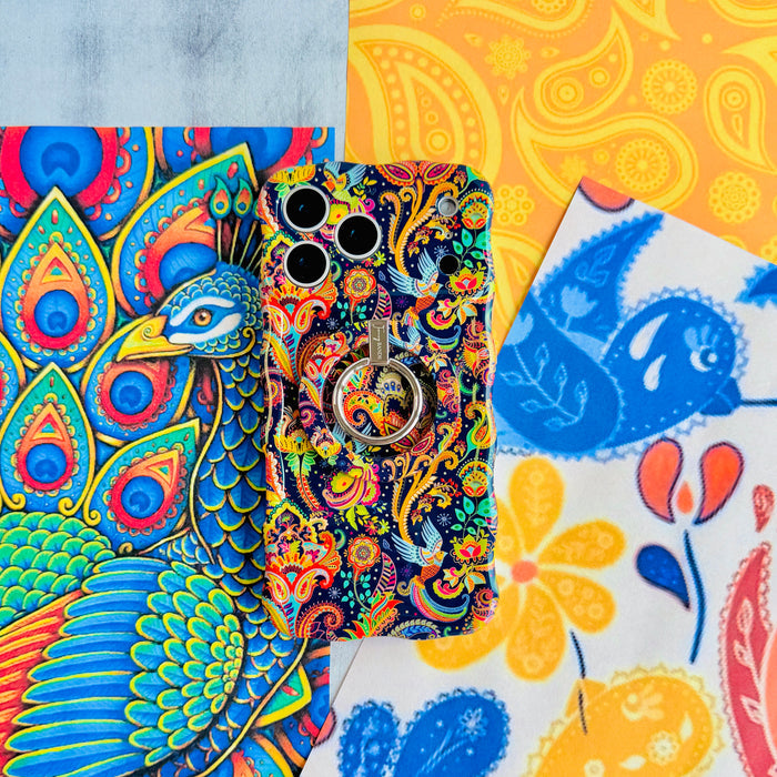 Paisley Birdsong bohemian MagSafe phone grip ring with intricate jewel-toned paisley, flowers, and birds on a deep navy background compatible with iPhone and Samsung