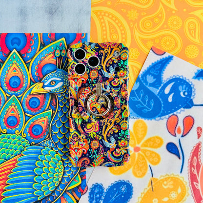 Paisley Birdsong bohemian MagSafe phone grip ring with intricate jewel-toned paisley, flowers, and birds on a deep navy background compatible with iPhone and Samsung