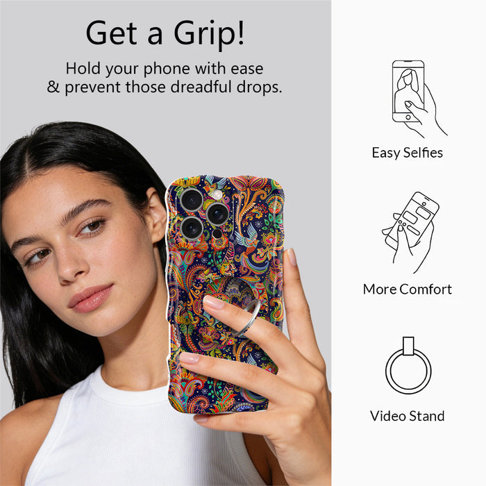 Paisley Birdsong bohemian MagSafe phone grip ring with intricate jewel-toned paisley, flowers, and birds on a deep navy background compatible with iPhone and Samsung