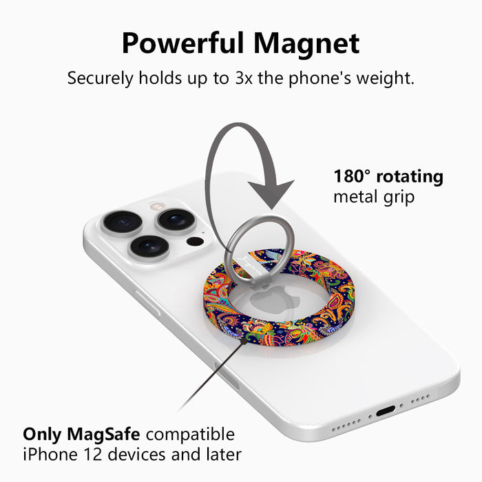 Paisley Birdsong bohemian MagSafe phone grip ring with intricate jewel-toned paisley, flowers, and birds on a deep navy background compatible with iPhone and Samsung