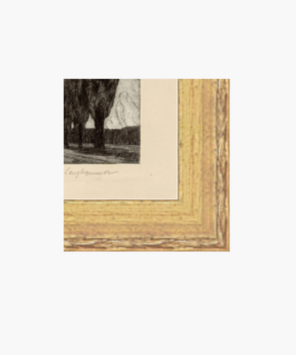 A detailed picture of a black and white landscape print depicting tall, dense trees lining a pathway under a dramatic sky with swirling clouds highlighting its antique frame. | Wildwood Home Co.