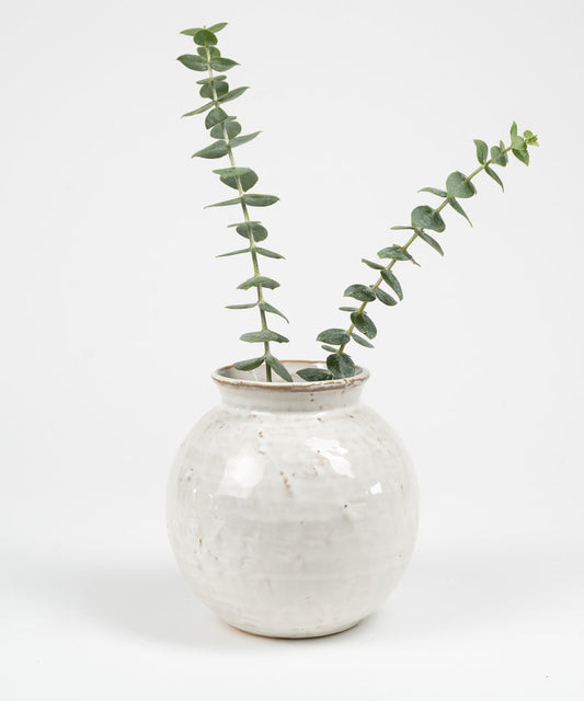 Round ceramic vase with a textured white glaze, holding two stems of green eucalyptus against a plain white background, creating a minimalist and serene tone. | Wildwood Home Co.