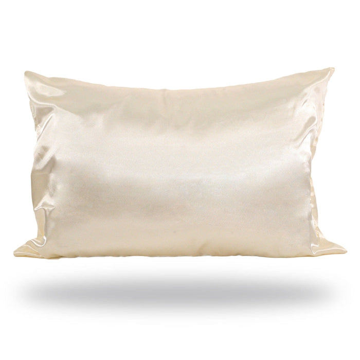 The Perfect Locks Satin-Silk Pillowcase in gold rests on a white backdrop with a subtle shadow, great for smooth hair extensions.