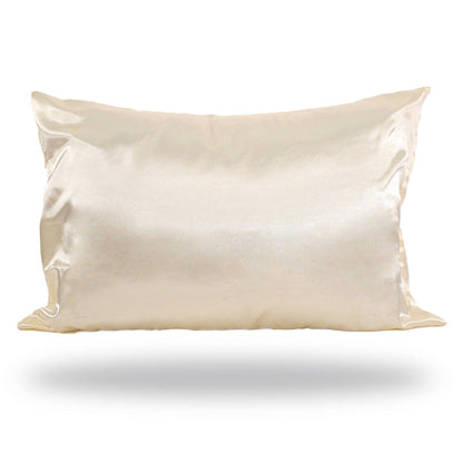 The Perfect Locks Satin-Silk Pillowcase in gold rests on a white backdrop with a subtle shadow, great for smooth hair extensions.