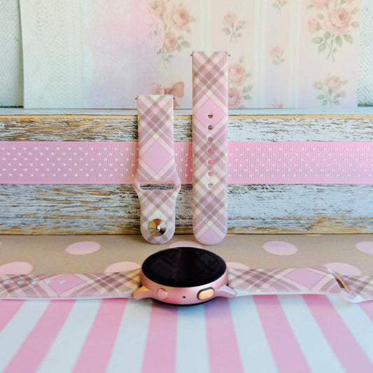 Pink Cashmere Plaid soft pink, cream and taupe plaid silicone band for Samsung Galaxy Watch from Fancy Bands