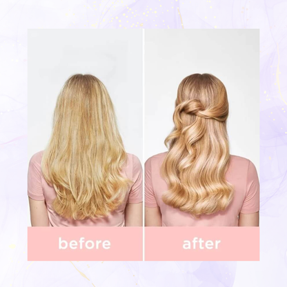 Before and after comparison of blonde hair styled in a braid on a plain background with milk_shake