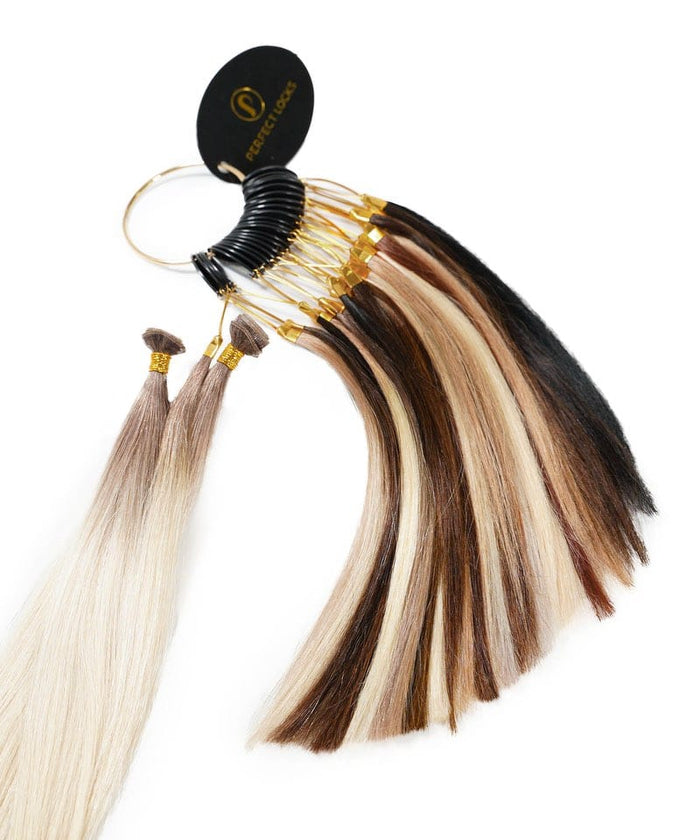 The Perfect Locks Professional Color Ring for Human Hair Extensions displays a fan of hair samples in shades ranging from platinum blonde to dark brown and black, ideal for matching extensions.