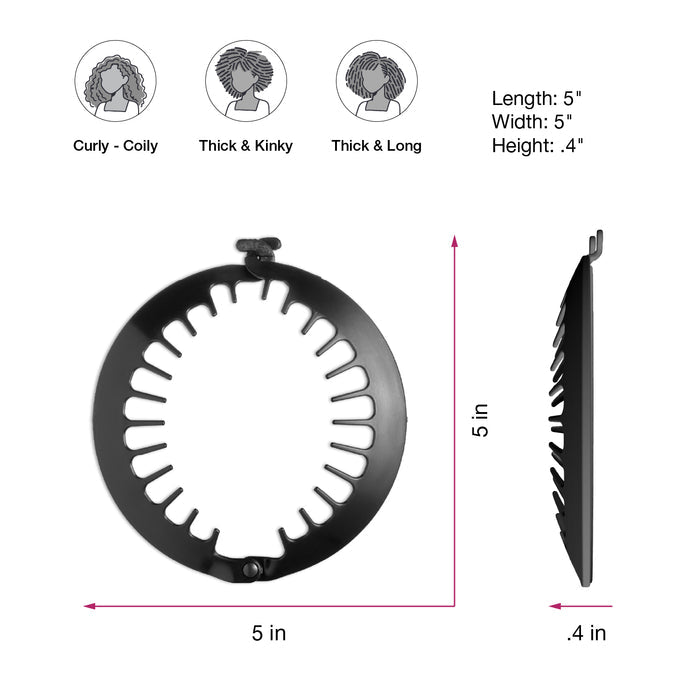 Black hair dryer diffuser with measurements and hair type icons on a white background