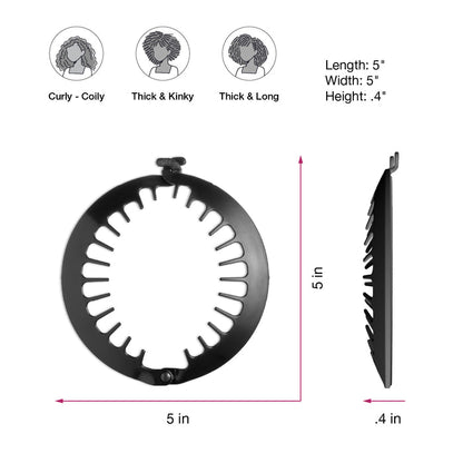 Black hair dryer diffuser with measurements and hair type icons on a white background