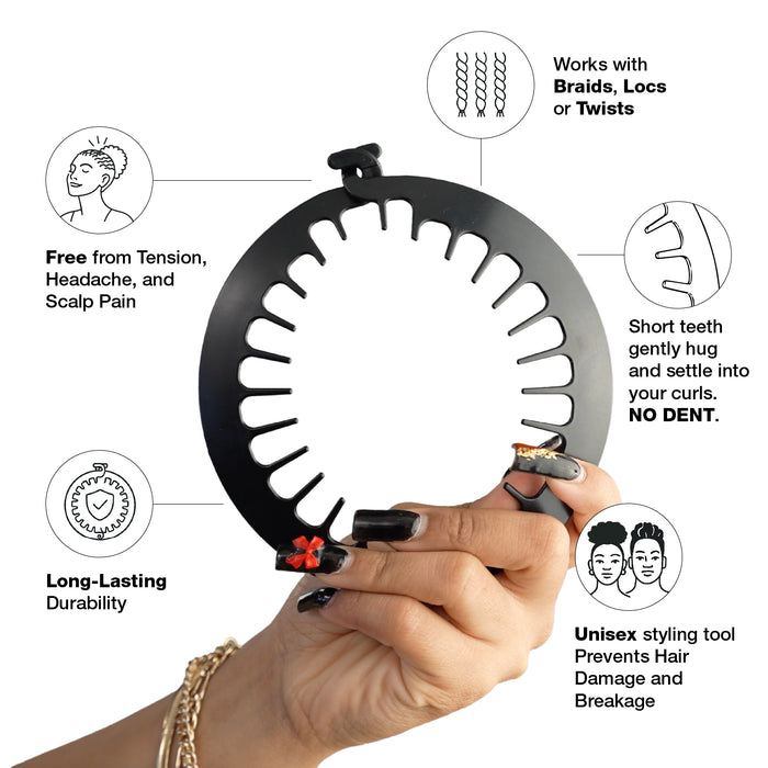 Hair styling tool held by a hand with text highlighting its features on a white background