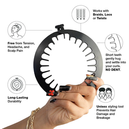 Hair styling tool held by a hand with text highlighting its features on a white background