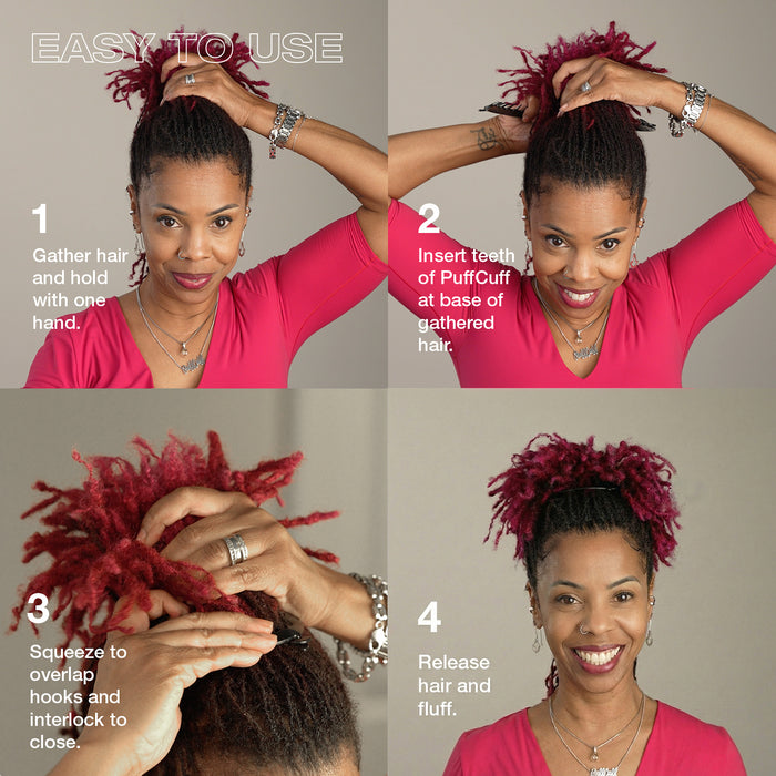 Step-by-step guide on using a hair product with a woman demonstrating the process.