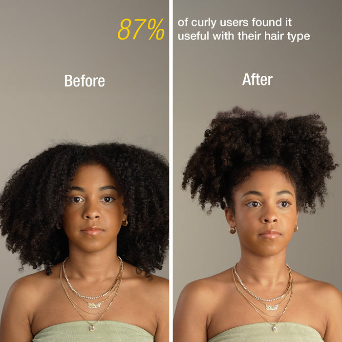Before and after comparison of a woman with curly hair, showing 87% of users found it useful.