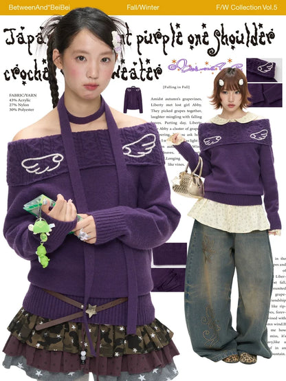 Purple off-shoulder crochet knit sweater with angel-wing detail